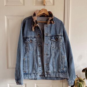 90s Denim Trucker Jacket Leopard Collar